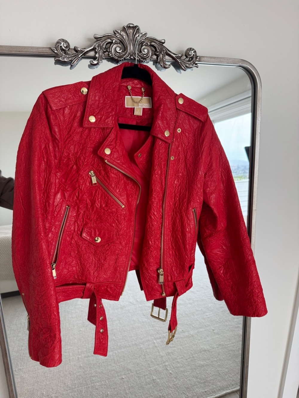 Red Leather Michael Kors Moto Jacket with Gold Hardware